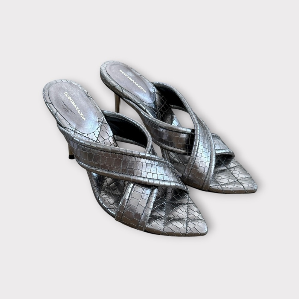 BCBGMaxAzria Metallic Silver Croc Steel Heels 6